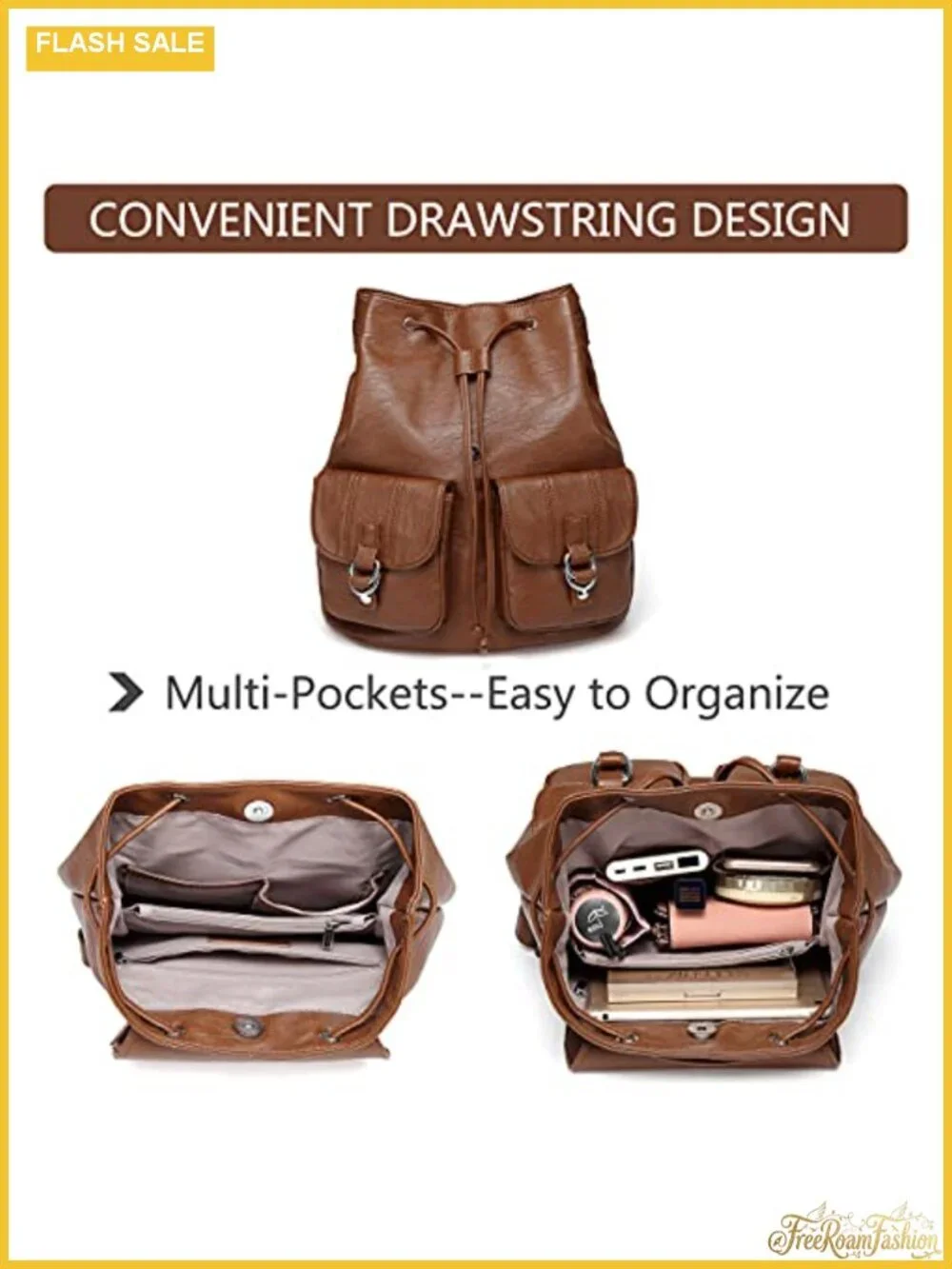 Faux Leather Mini Backpack Purse for Women, Drawstring Buckle Flap Daypack